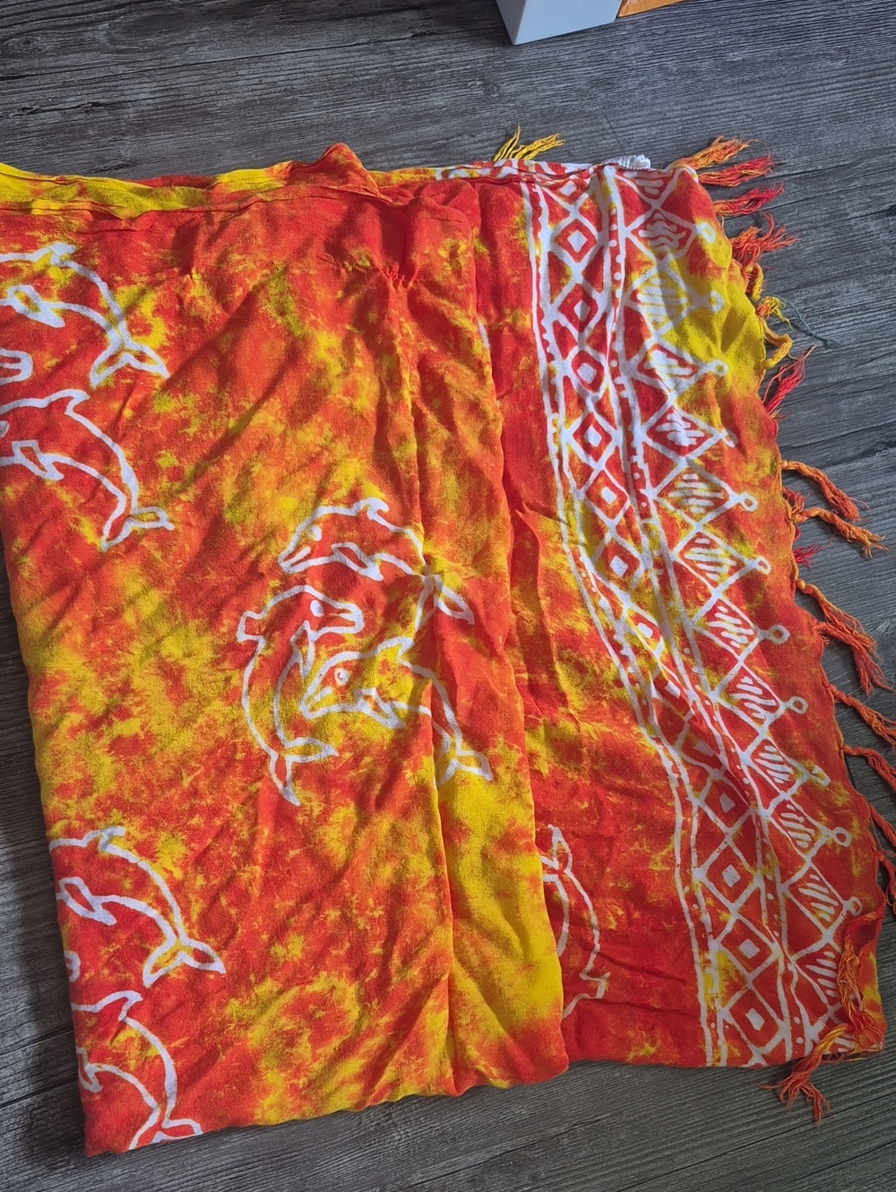 Vintage 90s 100%  Rayon Tropical Dolphin Tie-Dye Beach Sarong - Orange & Yellow
